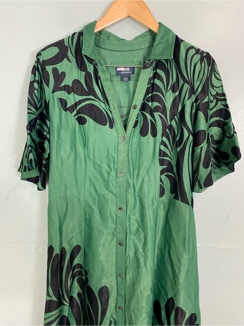 Anthropologie Maeve Bell Sleeve Buttondown Shirt Dress Green Large Maxi - Picture 3 of 6